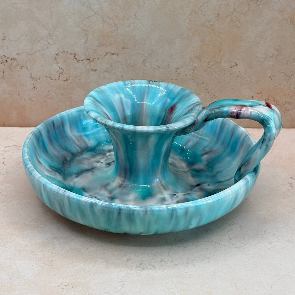 1970's  Italian Ceramic Chamberstick Candlestick Holder Hand Painted Loop Handle